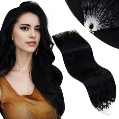 Vivien Schwarz Microring Extensions Ecthhaar Schwarz 45cm Micro Ring Haar Erweiterungen Echthaar Tiefschwarz 1g/Strang 50g