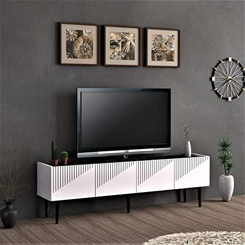 [en.casa] Fernsehtisch Oppdal TV-Lowboard TV-Tisch Sideboard TV-Ständer 154x37x45cm TV-Schrank mit 2 Schranktüren dekorative Türfront Weiß/Marmor, schwarz