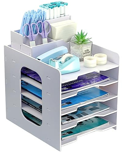 Holz Briefablage für Büro, Dokumentenablage mit Stifthalter, 5-Tier Schreibtisch Organizer Holz, Papierablage Weiß, Ablagefächer Stapelbar, Briefschublade, Büro Organizer für Büro Schule
