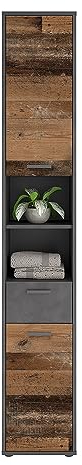 Lomadox Badezimmer Hochschrank Seitenschrank in grau mit Betonoptik, Türen in Altholzoptik, B/H/T ca. 30/189,5/33 cm | 2 Türen, 3 Einlegeböden, 1 Schublade, 2 offene Fächer