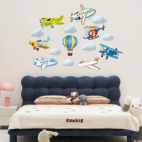PLIGREAT 15 Stück Flugzeug Wolken Flugzeuge Wandaufkleber für Kinderzimmer Wohnzimmer Schlafzimmer Kinderzimmer Wanddekoration abnehmbare Heißluftballon Wandaufkleber DIY Home Indoor Wall Art Decor
