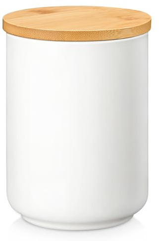 MALACASA Series REG, Tea Coffee Sugar Canisters, 1120ml Ceramic Kitchen Canisters, White Canister with Airtight Bamboo Lid for Coffee, Flour, Spices, Tea, Sugar
