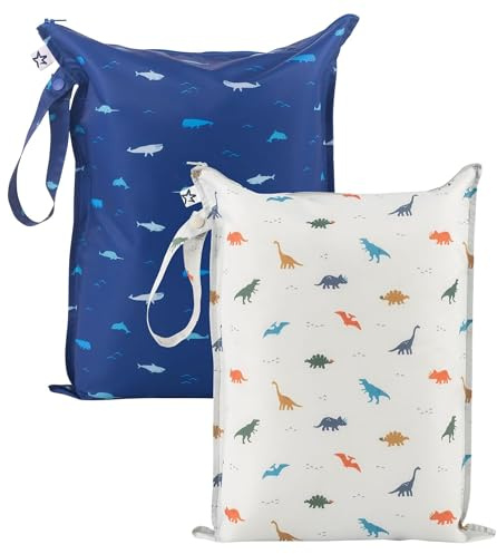Tiny Twinkle wasserdichte Nass-Tasche | 2 Pack Wiederverwendbare Taschen für nasse Badebekleidung, Babykleidung und Windeln | Reisetasche für Babys (Dinosaurier, Ocean Life)