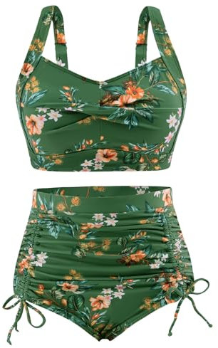 UMIPUBO Costume da Bagno Donna A Vita Alta Due Pezzi Bikini Set Push Up Imbottito Reggiseno Costumi da Mare Controllo della Pancia Abiti da Spiaggia Regolabile Beachwear Estivi (Floral Verde, M)