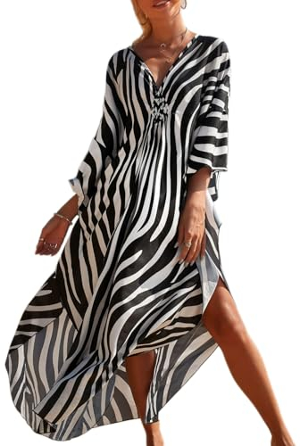 Baynetin Women's Long Tiedye Kaftan Dress, Print Kimono Maxi Beach Boho Party Dress Plus Size Bathing Suit Cover Ups Batwing Sleeve Print Loungewear (Strip)
