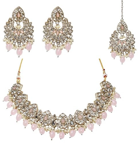 Veritas Commerce Group Beautiful Handcrafted Kundan Jewellery Set in Pink, Gold and Silver - Inspired by Indian and Pakistani design