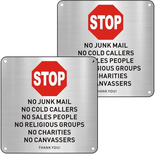 Cartello in metallo autoadesivo con scritta No Junk Mail, 15 x 15 cm, cartello Stop No Cold Calling, in alluminio spazzolato, con scritta No Junk Mail No Cold Callers, per porta d'ingresso,