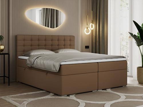 MKS MEBLE Boxspringbett Braun 120x200 Mit Bettkasten, Polsterbett Mit Multipocket-Matratze H4, Kopfteil Und Topper - H4 Braun Kunstleder - Susan
