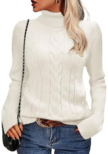 Xnova Winter Jumpers for Women Turtleneck Cable Knit Sweaters Ladies Long Sleeve Tops Warm Chunky Jumper Roll Neck Slim Fit Pullover Knitwear, White, L