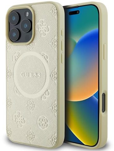 CG MOBILE Guess HC Phone Case Designed for iPhone 16 Pro Max, Durable, Shock Proof, Compatible with Magsafe, Saffiano Peony Classic Logo Case Gold