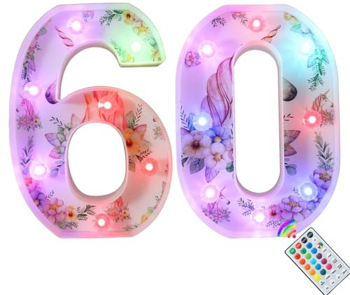 Unicorn LED Light Up Numbers, 18 Color Changing Number Lights 60th Birthday Decorations, Unicorn Gifts for Women Birthday Party Anniversary Remote Night Light Christmas Wall Table Decor - Number 60