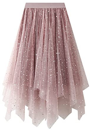 HzDazrl Jupe longue en tulle pour femme - Taille haute - Volants irréguliers - Tendance - Pour fête, soirée, Rose pailleté, Taille unique