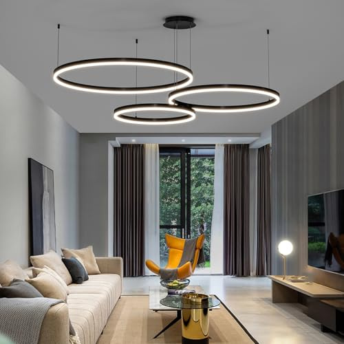 Mikeru 3 Ring Round Pendant Light, 20+40+60cm Restaurant Hanging Lights Dimmable 10% to 100% Remote Control Pendant Light 3000K/4500K/6500K Modern Dimmable Ceiling Lights for Living Room, Bookstore