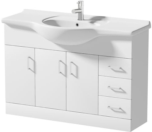 BAYSTONE® 1200mm Vanity Unit Basin Sink Bathroom Storage Cabinet Cupboard Freestanding, Single Tap Hole Ceramic Wash Basins, Soft Close Doors & Drawers, White Gloss