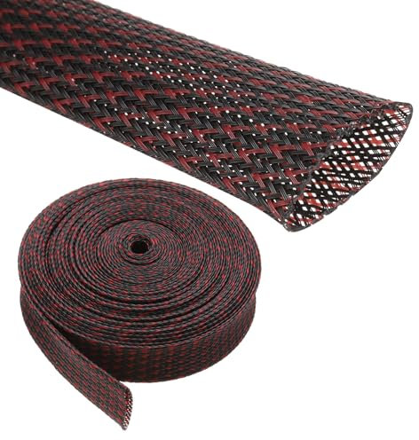 Rebower 25ft PET Expandable Wire Loom 1.25 Inch, PET Braided Wire Sleeving Cable Management Sleeve Tubing [for Audio Video Home Office Cord Protector]-Black, Red