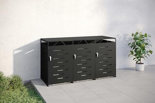 STEELSØN Diorus Mülltonnenbox 3er bis 240L abschließbar – Hochwertige Mülltonnenverkleidung für 3 Tonnen – Müllbox Stahl – Müllcontainer Schwarz - Mülltonnen Box wetterfest – Gerätebox mit Schloss