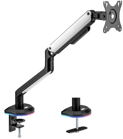 electriQ Gaming Single Monitor Arm with RGB Lighting, Adjustable Desk Mount for 17–32” Screens, Full Motion Tilt Swivel Rotation, VESA 75x75/100x100, Heavy-Duty with Cable Management – Black & White