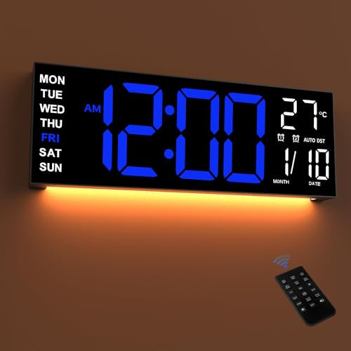 Mee 2ou 16,5 Große LED Digital Wanduhr mit Nachtlicht, Automatischer Dimmfunktion, 2 Weckern, 8 RGB-Farben, Temperaturanzeige, Fernbedienung, 12/24 Std., Timer für Wohnzimmer, Schlafzimmer, Büro
