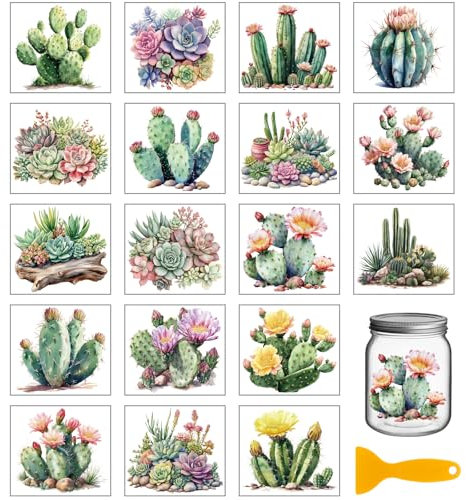 GLOBLELAND 18 hojas de 3.9 x 3.6 pulgadas con diseño de cactus para transferencia de flores coloridas para el hogar, calcomanías de transferencia para plantas, flores, tazas, calcomanías de