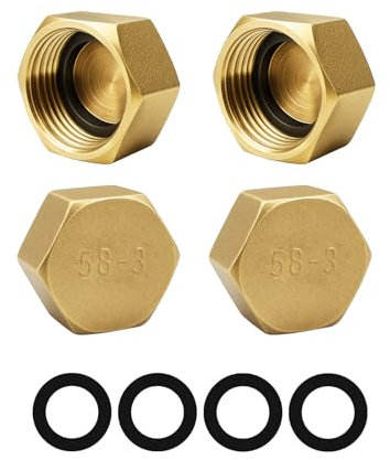 COSBERY Blindstopfen 1 Zoll, 4 Stück Messing Kappe G1 Innengewinde (Ø30,5mm), Verschlusskappe 1 Zoll mit Gummidichtungen, Messingkappe Sechskant, Schlauchkappen Gewindekappe für Garten Wasserleitung