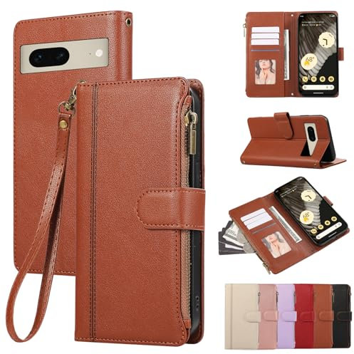 Rosbtib Custodia per Google Pixel 7 5G 6.32 Pollici 2022 Custodia in Pelle Chiusura Magnetica a Zip Cover Portafoglio con 4 Slot per Schede Funzione Stand Retro Google Pixel 7 Cover, Marrone