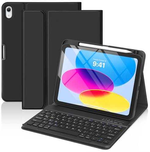 GAOJIE Tastatur Hülle für iPad A16 11 Gen 11'' 2025/iPad 10 Gen 10,9'' 2022 | Schutzhülle mit Stifthalter & Automatischer Weck- und Schlaffunktion, QWERTZ Deutsches Abnehmbarer Kabellose Tastatur-Schwarz