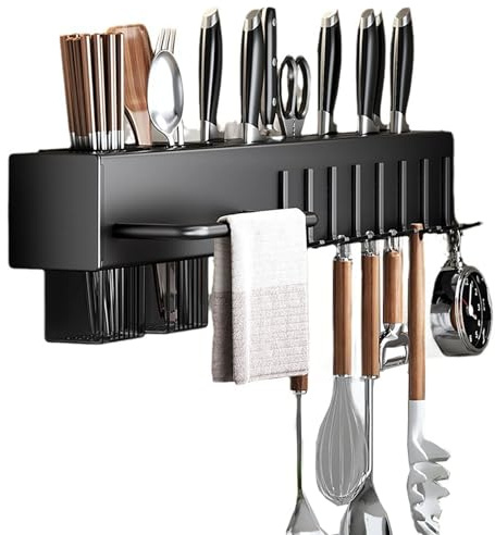 RETSAMV Soporte De Pared Para Cuchillos Sin Taladro, Estante De Cocina Multifuncional Con Ganchos, Porta Utensilios Con Portapalillos Organizador Para Cocina Y Hogar (Black-50cm)