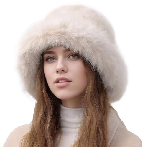 FEOYA Damen Winter Fischerhut Flauschige Kunstpelz Eimermütze Fluffy Bucket Hats Warm Pelzig Anglerhut Plüsch Breite Krempe Fellmütze
