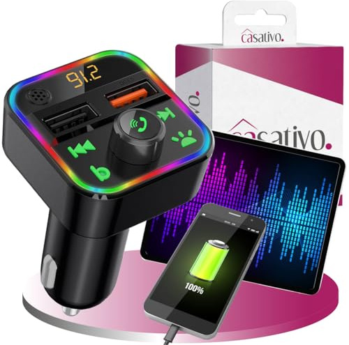 FM Transmitter mit Bluetooth 5 und Freisprechfunktion, USB-A Ladeports, Drahtloser AutoRadio Adapter m. Media Player für den Zigarettenanzünderanschluss