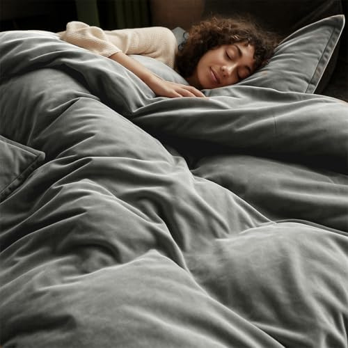Lanqinglv Plüsch Bettwäsche 200x220 Grau Flanell Flauschig Winterbettwäsche Biber,Warme Cashmere Touch ÖKO-TEX Bettwäsche Set Bettbezug mit Reißverschluss und 2 Kissenbezug 80x80 cm