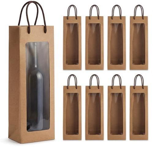 Lot de 8 sacs cadeaux en papier kraft pour bouteille de vin avec poignée | Sac fourre-tout réutilisable avec fenêtre transparente pour anniversaires, shopping, fête de Noël (9,4 x 8,9 x 35,7 cm)