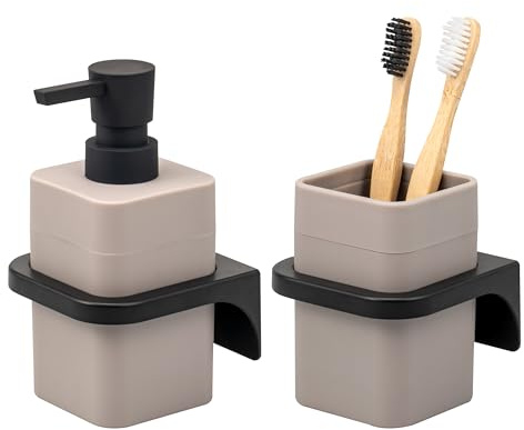 bremermann Badezimmer-Set Savona mit Soft-Touch Oberfläche inkl. Wandhalterung, eckiges Bad-Accessoires Set 2tlg. bestehend aus 1x Seifenspender und 1x Becher aus Kunststoff (Taupe)