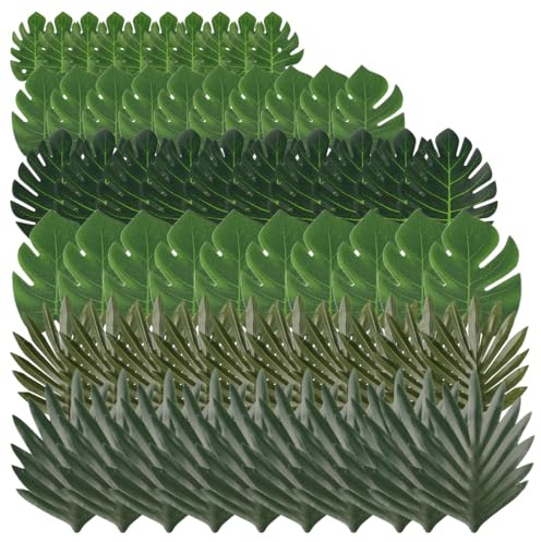 LuminaryLair 60 Stück Palmenblätter Deko, 6 Arten Künstliche Palmenblätter | Monstera Blätter, Tropische Blätter, Tropische Dschungel Deko, für Geburtstag, Stranddekoration, Hochzeiten, Sommerparty