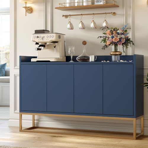BPKADHY Sideboard 120cm Breit, Küchenschrank mit Arbeitsplatte Buffetschrank Anrichte mit 4 Türen & Verstellbaren Regalen, Küchenbuffet für Küche Wohnzimmer Esszimmer, 120x30x80 cm Blau