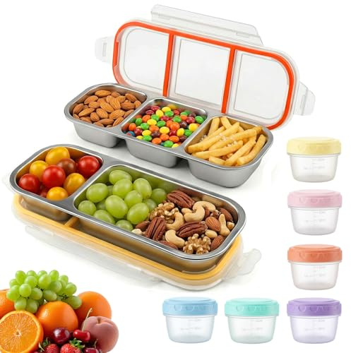 2 Stück Snackteller mit Deckel Snackbox mit Fächern Edelstahl Snackdose | Auslaufsicher, Brotdose für Frische Snacks Salat Obst, Klein Snack Box, für Büro Schule Camping(600ml+700ml)