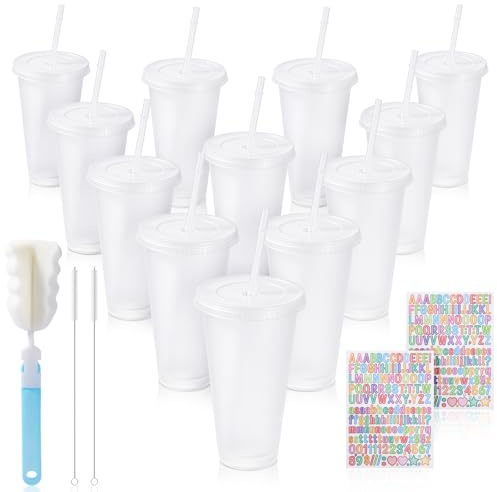12PCS Plastic Cups with Lids and Straws Party Cups Drinking 710ML 24OZ | with Cupbrush Reusable Plastic Tumbler with Straw and Lid Cold Cup Iced Coffee Bottle Smoothie Milkshake Cup for Kids Aldults