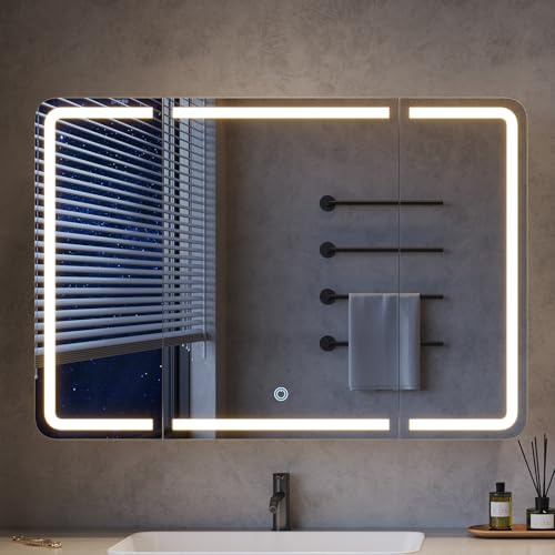 mojiasion 3-türiger Spiegelschrank Bad mit 360° Rundumsicht – 90 cm breit, +5 cm Überstand, LED Touch-Sensor, 3 Lichtfarben, dimmbar & integrierte Ladestation (2 USB + 2 Steckdosen)