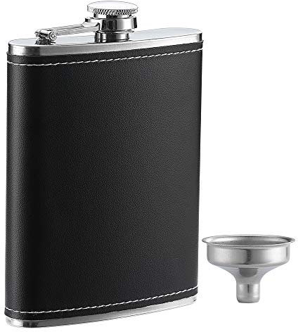 Flasque de Poche YWQ pour Alcool et Entonnoir de qualité Alimentaire en Acier Inoxydable Anti-Fuite avec Housse en Cuir Noir, Cadeau pour Homme Noir