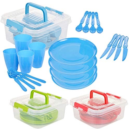 21 Piece Plastic Picnic Camping Party Dinner Plate Mug Cutlery Set Storage Box