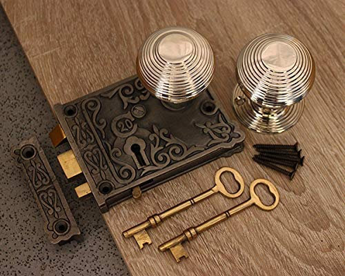 Infinity Decor Nickel Door Knob Set-Antique Cast Iron/Brass Door Rim Sash Lock Floral 5 Design (Beehive 50mm)