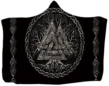 Bedruckte Flanell-Kapuzendecke Viking Tattoo Print Wearable Nickerchen Reisedecke für Kinder Erwachsene