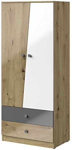 Marmex Nero NR 1P - Glänzend Zweitüriger Kleiderschrank mit Schubladen, Kleiderschrank mit Fachböden und Stange, für Jugendzimmer, für Kinderzimmer (Eiche Artisan + weiße Glanz +Grauer Griff)