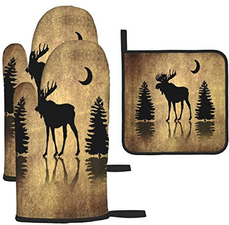 Rustikale Elch-Elch-Hirsch-Wald, Kiefernbaum, Mond-Design, Ofenhandschuhe und Topflappen, 3-teiliges Set, Vintage-Tier-Küchenhandschuhe, Polyester, hitzebeständig, Ofenhandschuhe, Sets zum Kochen, BBQ