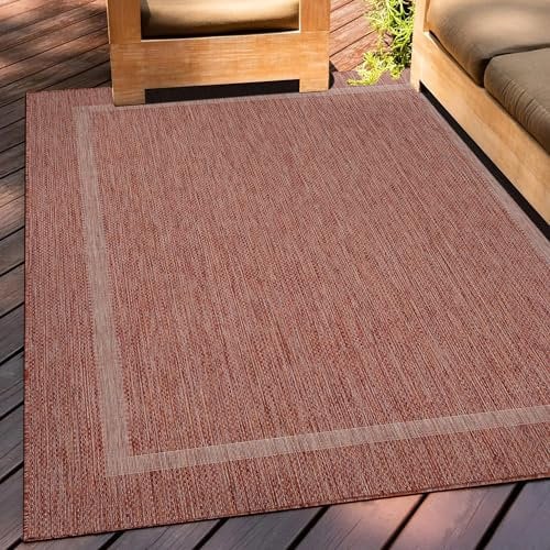 Teppium Outdoor Teppich Wetterfest 300x400 (280 x 370 cm) Rot Sisal Optik - Küchenteppich Waschbar rutschfest, Wasserfest, Bordüre, Pflegeleicht - Ideal für Balkon, Terassen, Garten, Camping, Küche
