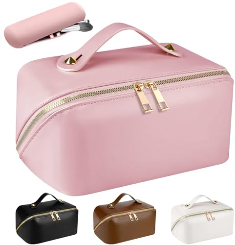 Kosmetiktasche Reise Damen,Make Up Tasche mit Groß Kapazität,PU Leder Portable Schminktasche Kulturtasche Organizer,Beauty Case für Reisezubehör Travel Essentials Women(Glatt-Rosa)
