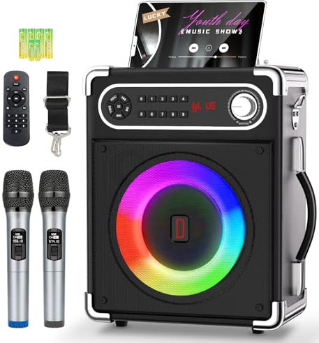 Karaoke Machine with 2 Wireless Microphones,Portable Bluetooth 5.1 Speaker for Adults Kids,Bass/Treble Adjustment,PA System with Remote Control, Lights, Supports TF Card/USB, AUX in,TWS,FM,REC Party