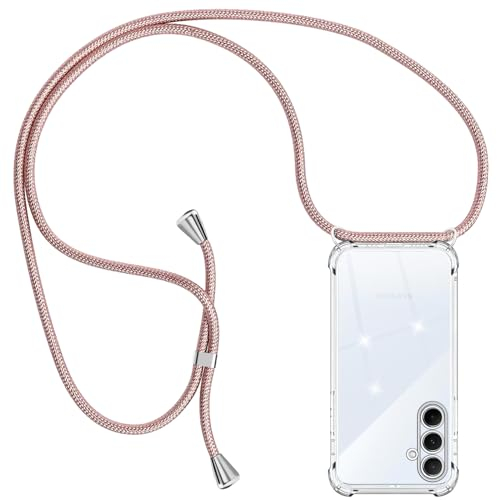 Coque avec Cordon Compatible avec Samsung Galaxy A55 5G, Housse Transparent Antichoc TPU Silicone Case, Réglable Smartphone Collier Etui avec Lanière Coque pour Samsung Galaxy A55 5G, Or Rose