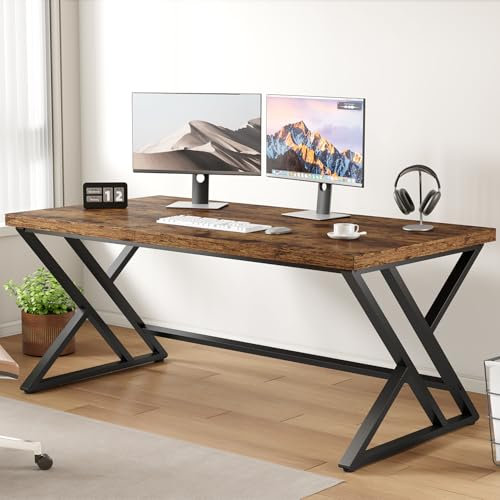 LVB Rustic Wood Computer Desk, Metal Home Executive Office Desk, Industrial Large Gaming Writing Desk with Storage, Wooden Student Study Computer Table for Bedroom Living Room, Rustic Brown, 60 Inch
