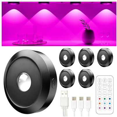 ERSDGG 6 Stück Zum Mini Spot LED Puck Lights - 1500mAh Akku, 12 Farben Lights, dimmbare & zeitgesteuerte Schrankbeleuchtung mit Fernbedienung, 3 Lights Modi, lange Batterielebensdauer, Hellviolett