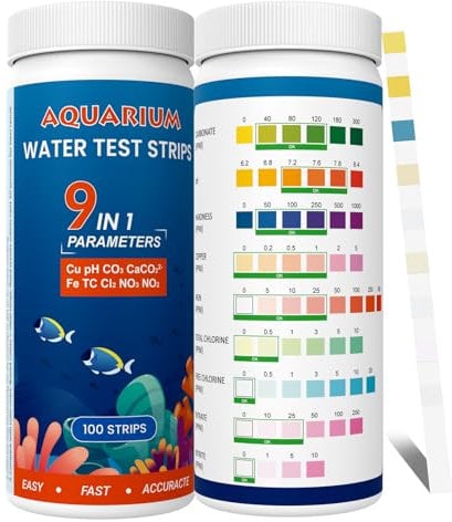 AKSBTEC Aquarium Wassertest Aquarium Teststreifen für Aquarien: 100 Stück - 9 IN 1 Wassertester Aquarium Zubehör zur Messung von pH, Wasserhärte, Chlor, Nitrit im Aquarium, Fischbecken (9IN1)